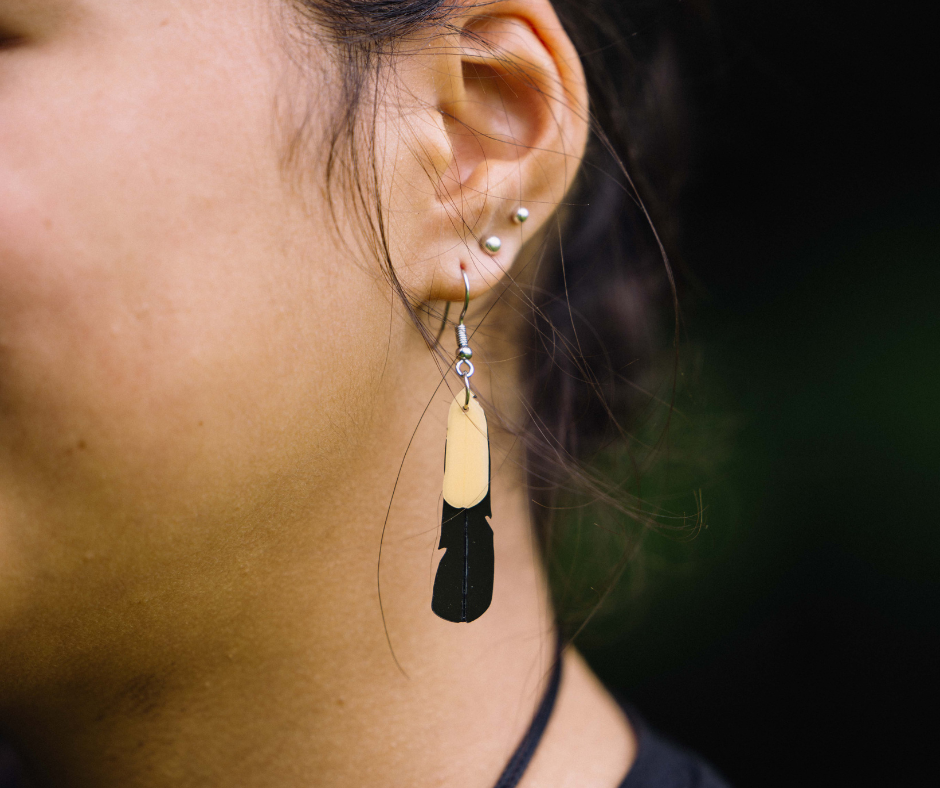 Saddleback Feather Earrings | Recycled Ice Cream Container Lids