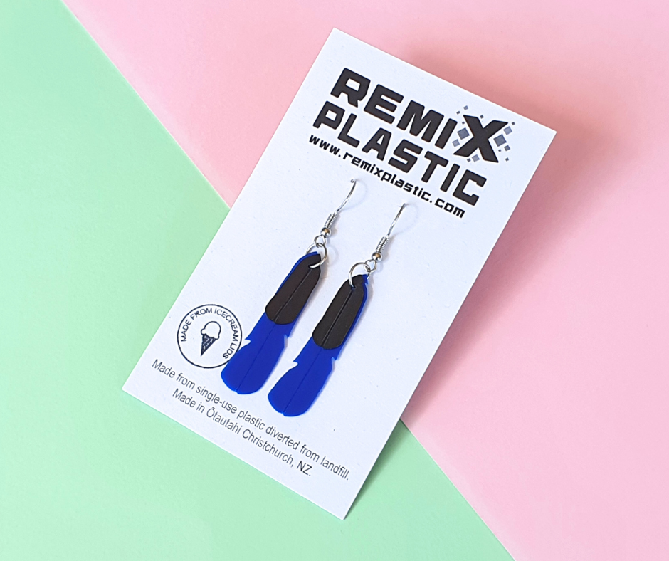 Pūkeko Feather Earrings | Recycled Ice Cream Container Lids