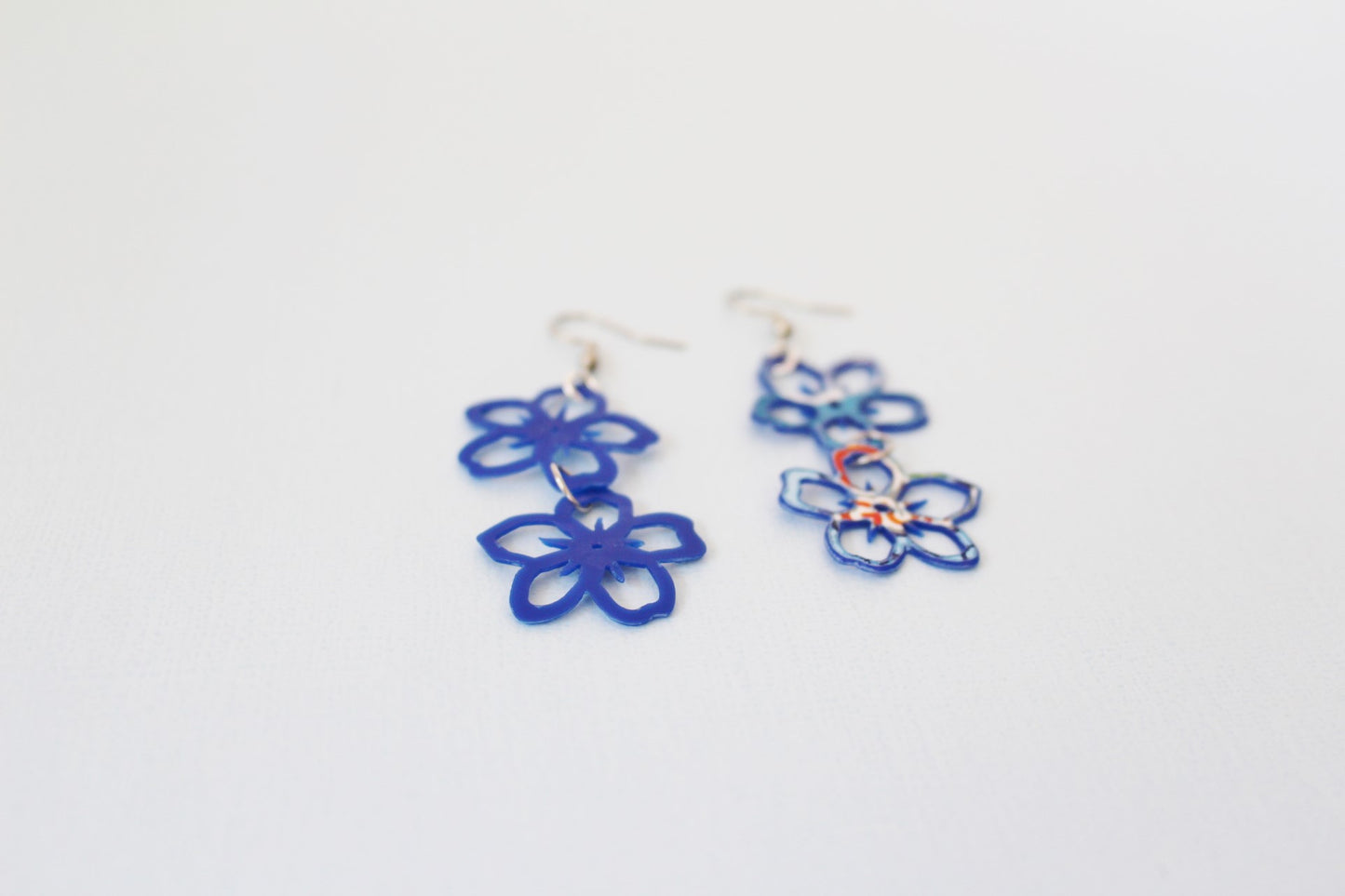 Recycled plastic earrings, Forget-Me-Not double, blue plastic ice cream lids, Made in NZ