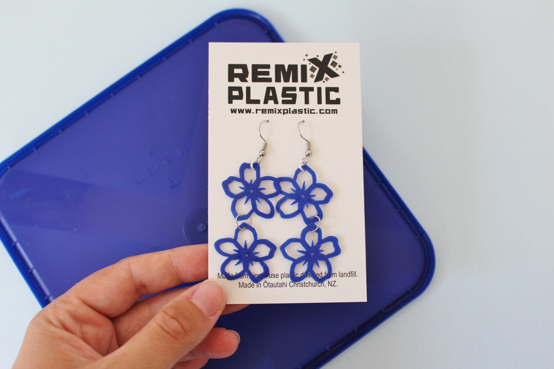 Recycled plastic earrings, Forget-Me-Not double, blue plastic ice cream lids, Made in NZ