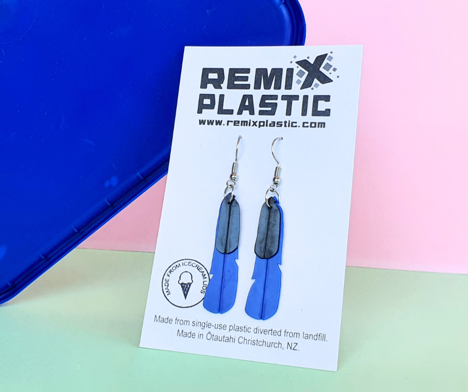 Pūkeko Feather Earrings | Recycled Ice Cream Container Lids
