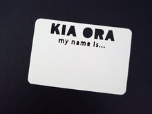 Recycled plastic laser cut reusable name tag, "Kia Ora my name is..." made from ice cream container lids