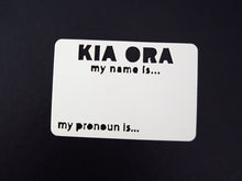 Recycled plastic laser cut reusable name tag, "Kia Ora my name is...my pronoun is..." made from ice cream container lids