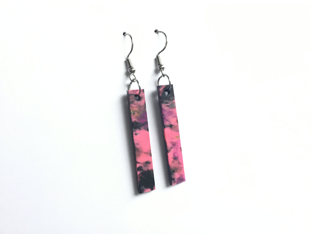 Recycled plastic earrings, 'Straight and Narrow' Pink and Black, Made in NZ
