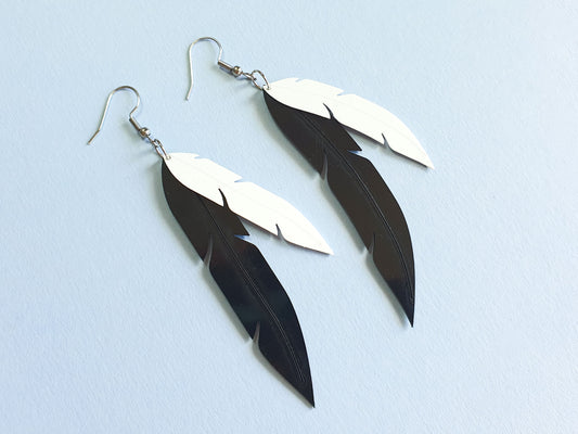 Pied Cormorant Feather Earrings | Recycled Ice Cream Container Lids